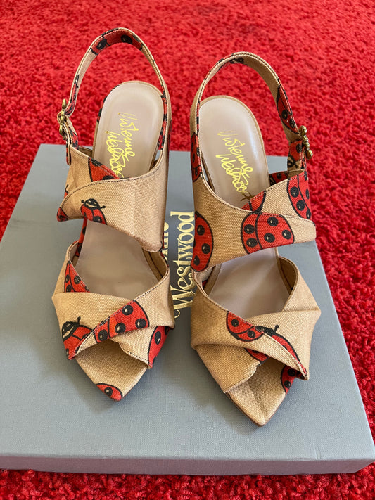 NEW Vivienne Westwood SS16 ELIZABETH SANDAL IT38-UK5 LADYBIRD PRINTED CANVAS