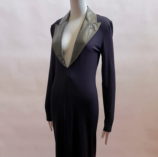 Jean Paul Gaultier BRANDNEW VINTAGE90'S Stretch BLUE DRESS/BLK LEATHER NECK IT40