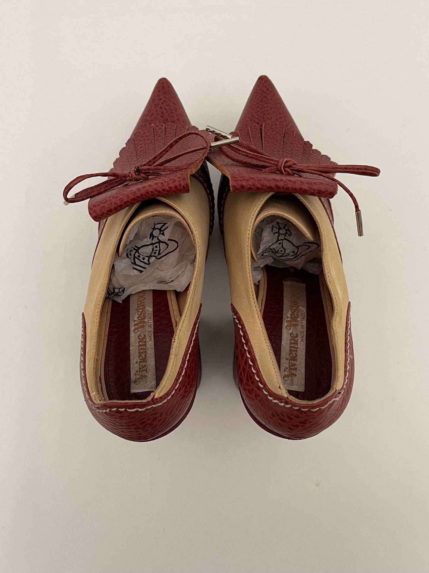Vivienne Westwood Burgundy Elevated Grainy Leather and Tan Canvas w Fringe IT37