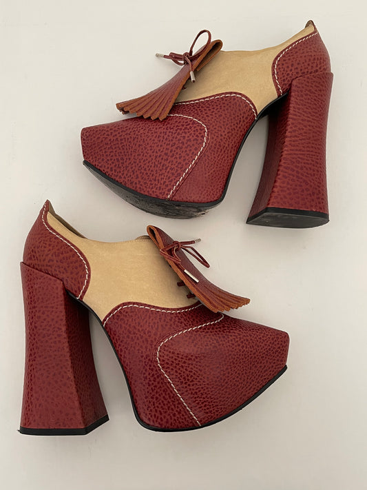 Vivienne Westwood Burgundy Elevated Grainy Leather and Tan Canvas w Fringe IT37