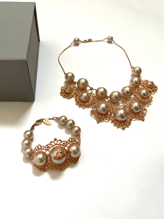 Vivienne Westwood VINTAGE SET in grain wire rose gold/Pink Pearl Necklace/Bracelet