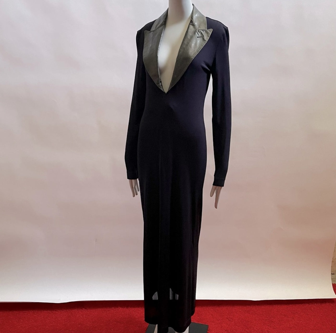 Jean Paul Gaultier BRANDNEW VINTAGE90'S Stretch BLUE DRESS/BLK LEATHER NECK IT40