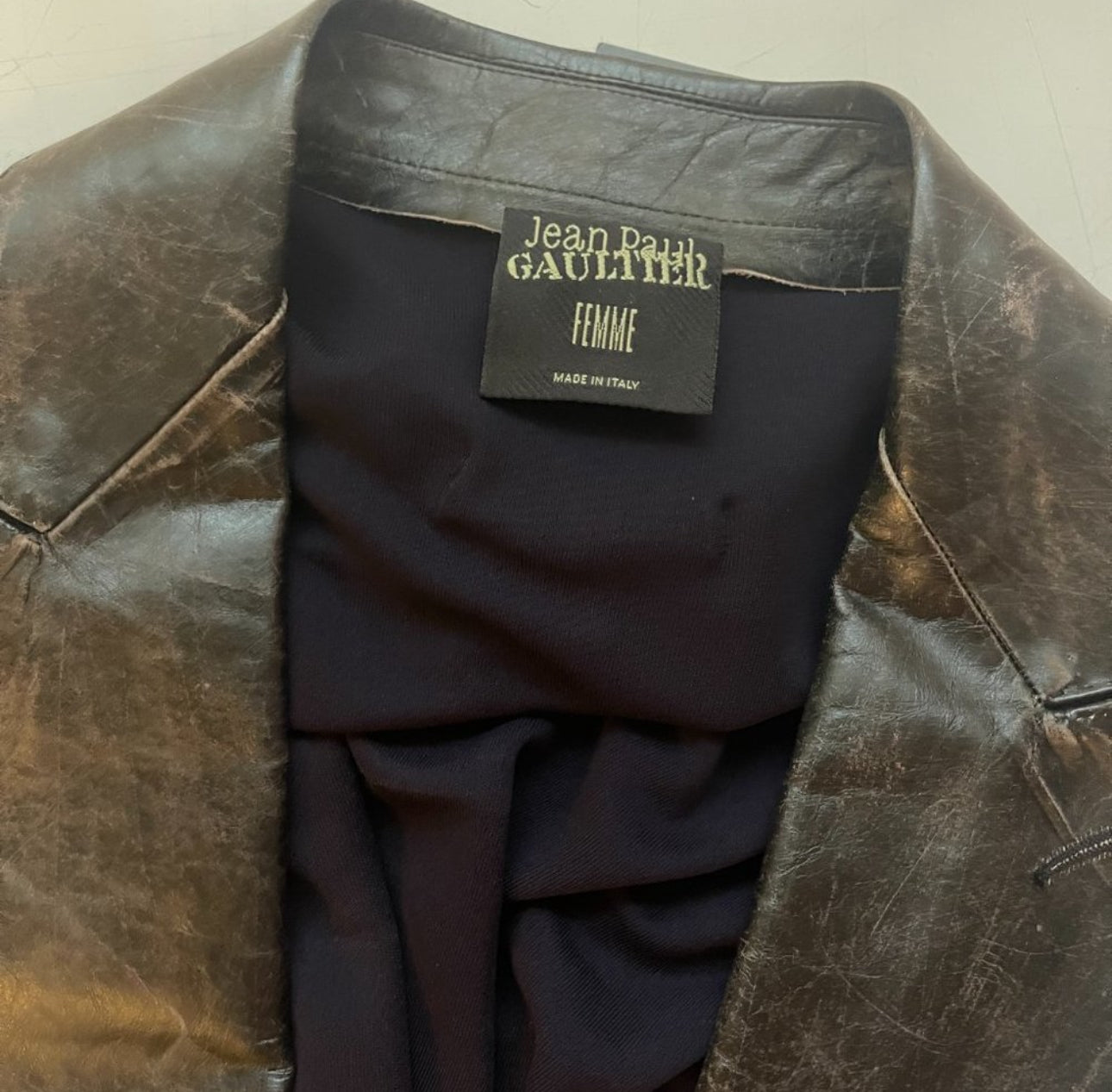 Jean Paul Gaultier BRANDNEW VINTAGE90'S Stretch BLUE DRESS/BLK LEATHER NECK IT40