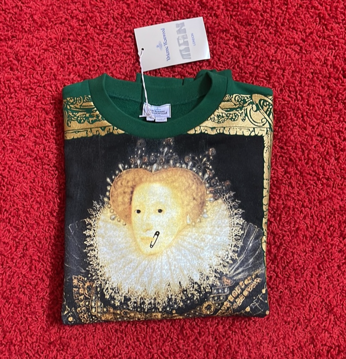 Vivienne Westwood QUEEN ELIZABETH WITH SAFETY PIN on Green sweatshirt 2014 NWT