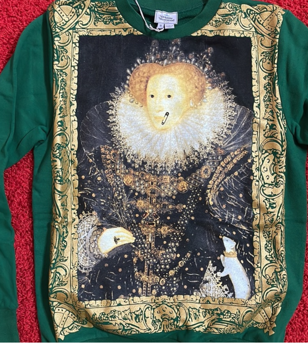Vivienne Westwood QUEEN ELIZABETH WITH SAFETY PIN on Green sweatshirt 2014 NWT