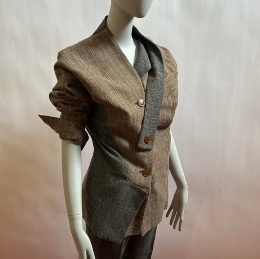 VW FW15/16 ARABESQUE JKT IN HERRINGBONE BROWN BLUE MIX WOOL+TROUSERS TUXEDO IT40