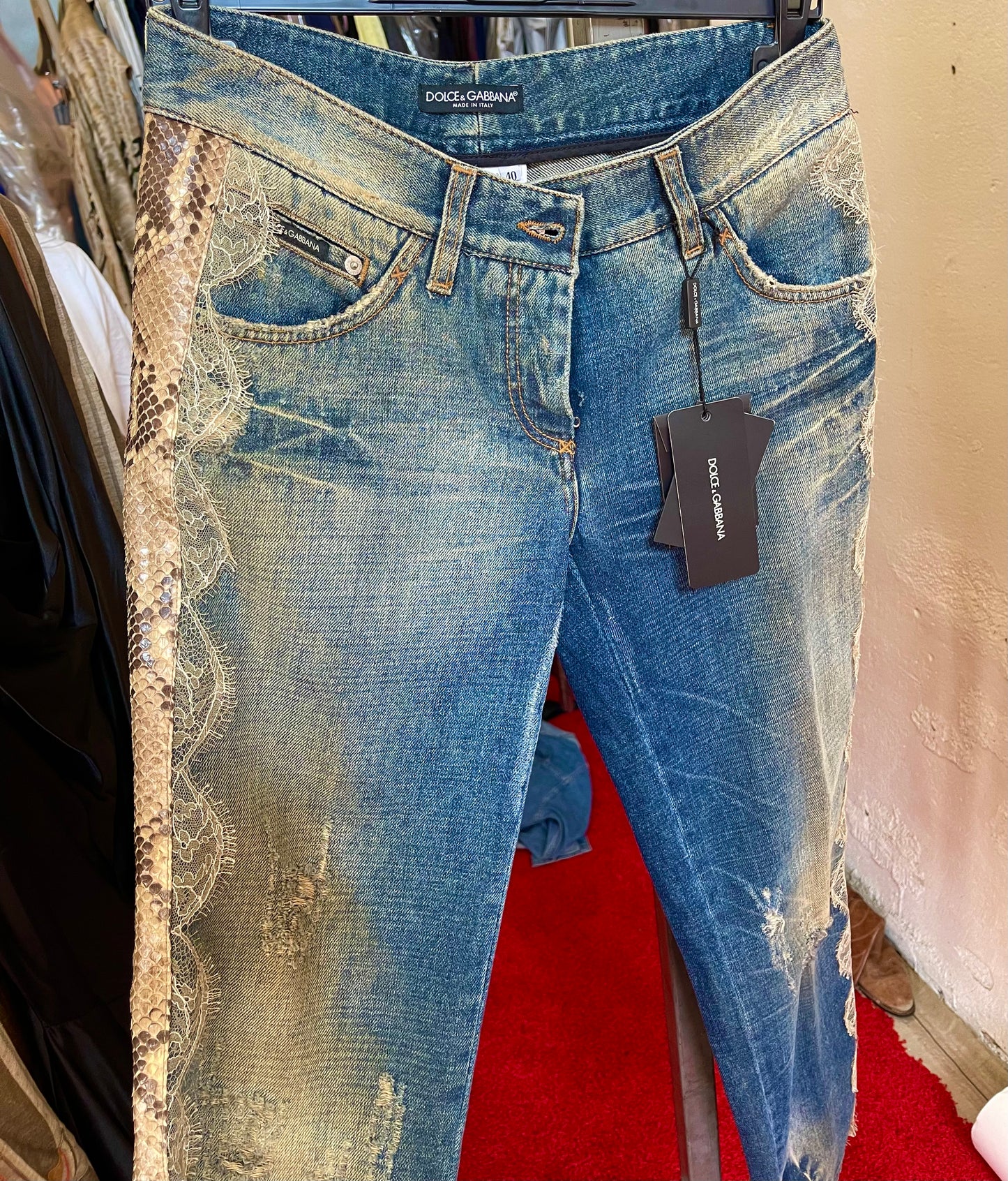 Dolce & Gabbana Jeans with side PYTHON and Lace VINTAGE 90's NWT